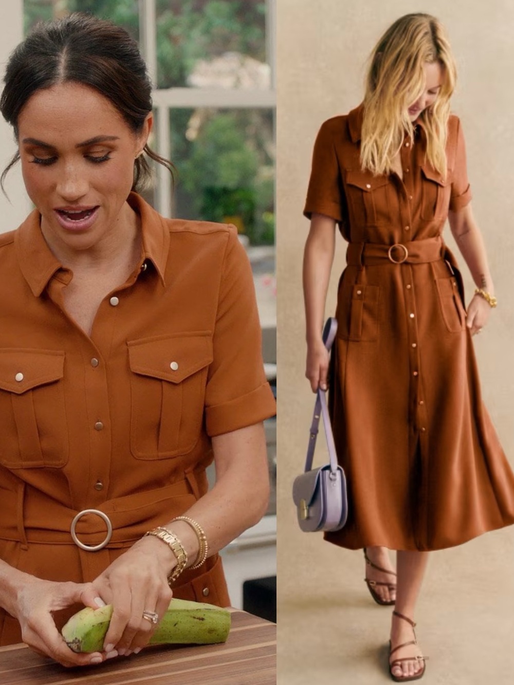SEZANE Rust Brown Button Down Belted Raquel Midi Shirt Dress ASO Meghan Markle